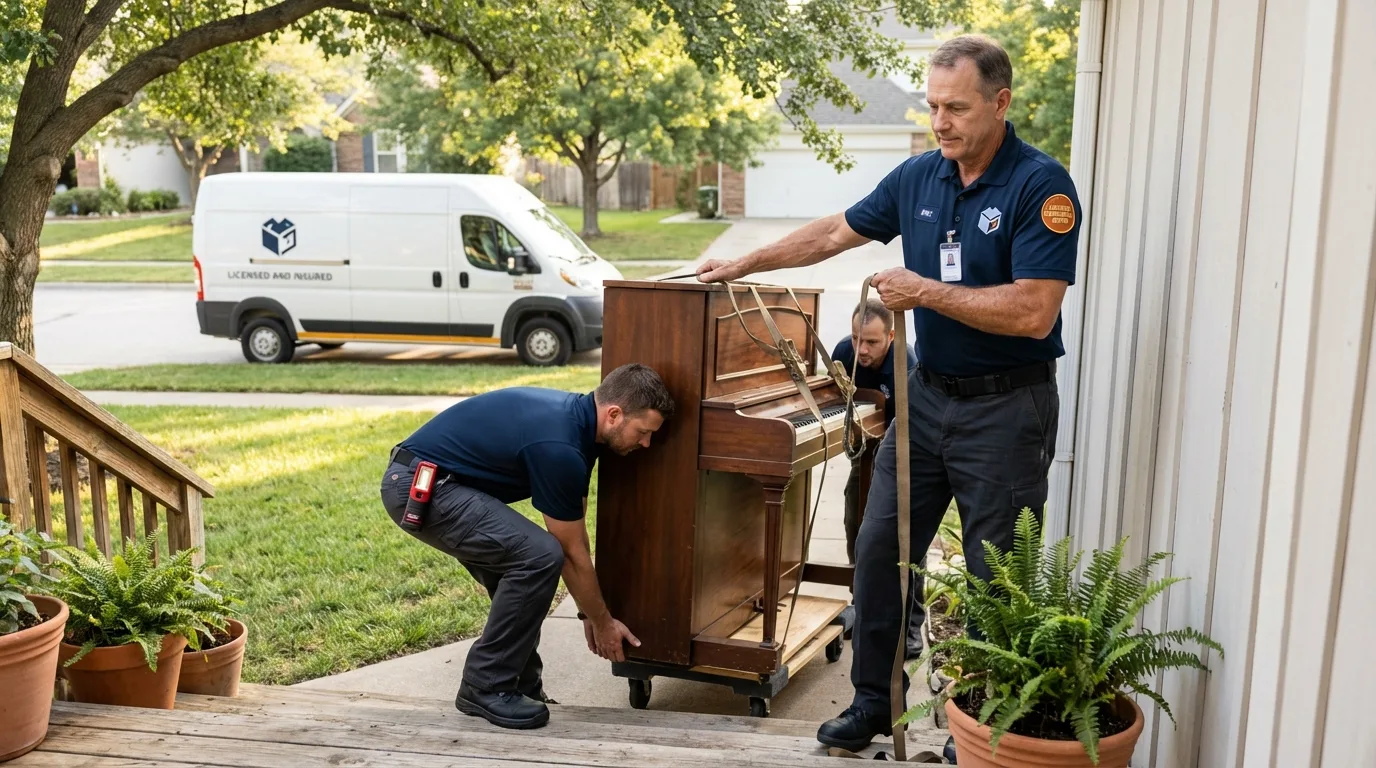 Licensed piano movers securing grand piano in Watkins Glen, NY