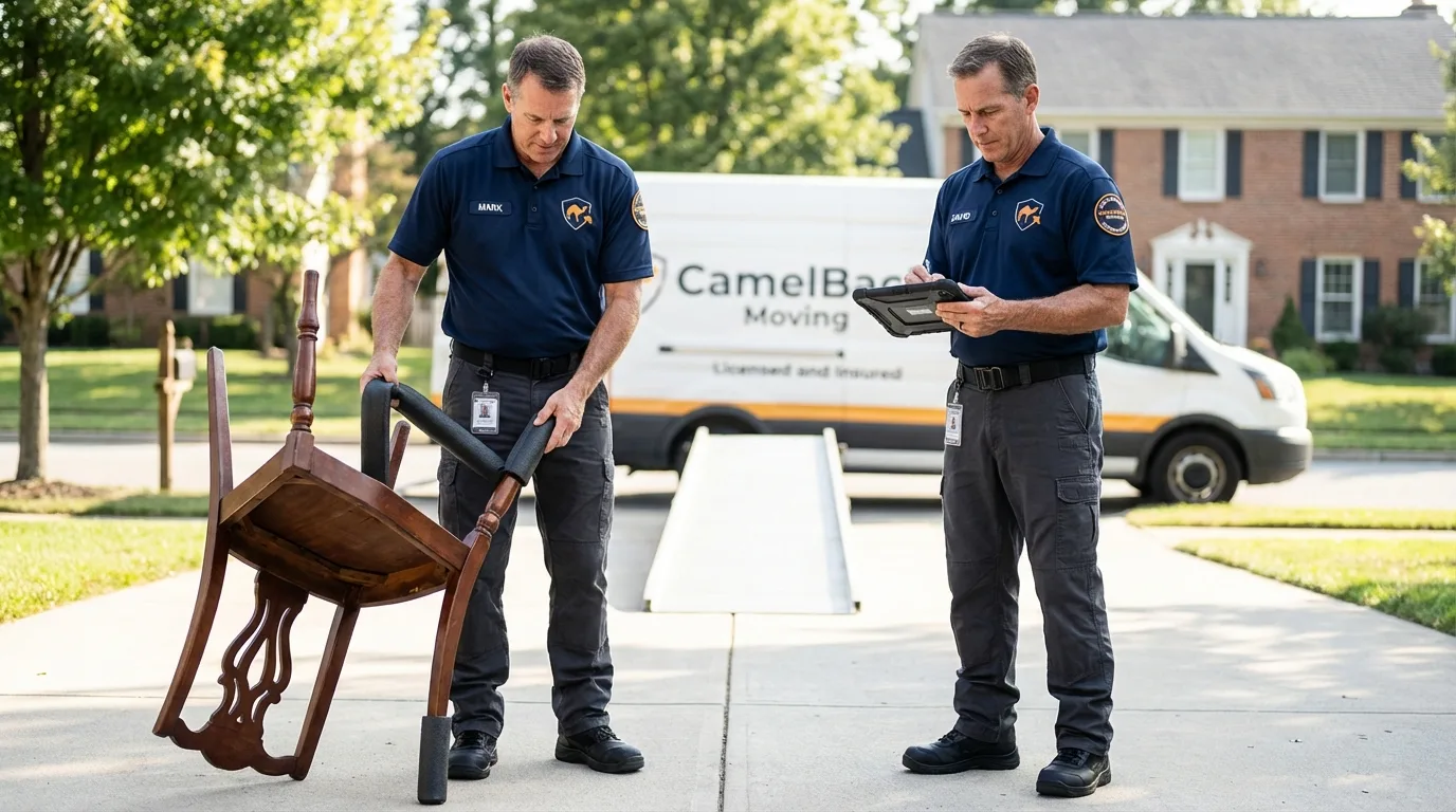 Movers inspecting furniture for damage prevention before loading in Watkins Glen, NY
