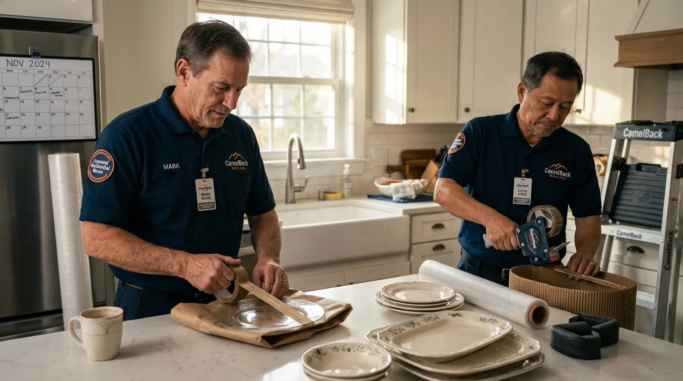 Professional crew packing kitchen dishware in Watkins Glen, NY